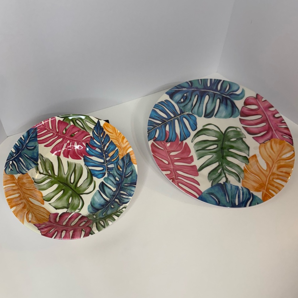 Tropical 8 piece set Melamine Leaf Patterned Dinner Plates & Bowls NWT - Picture 7 of 14